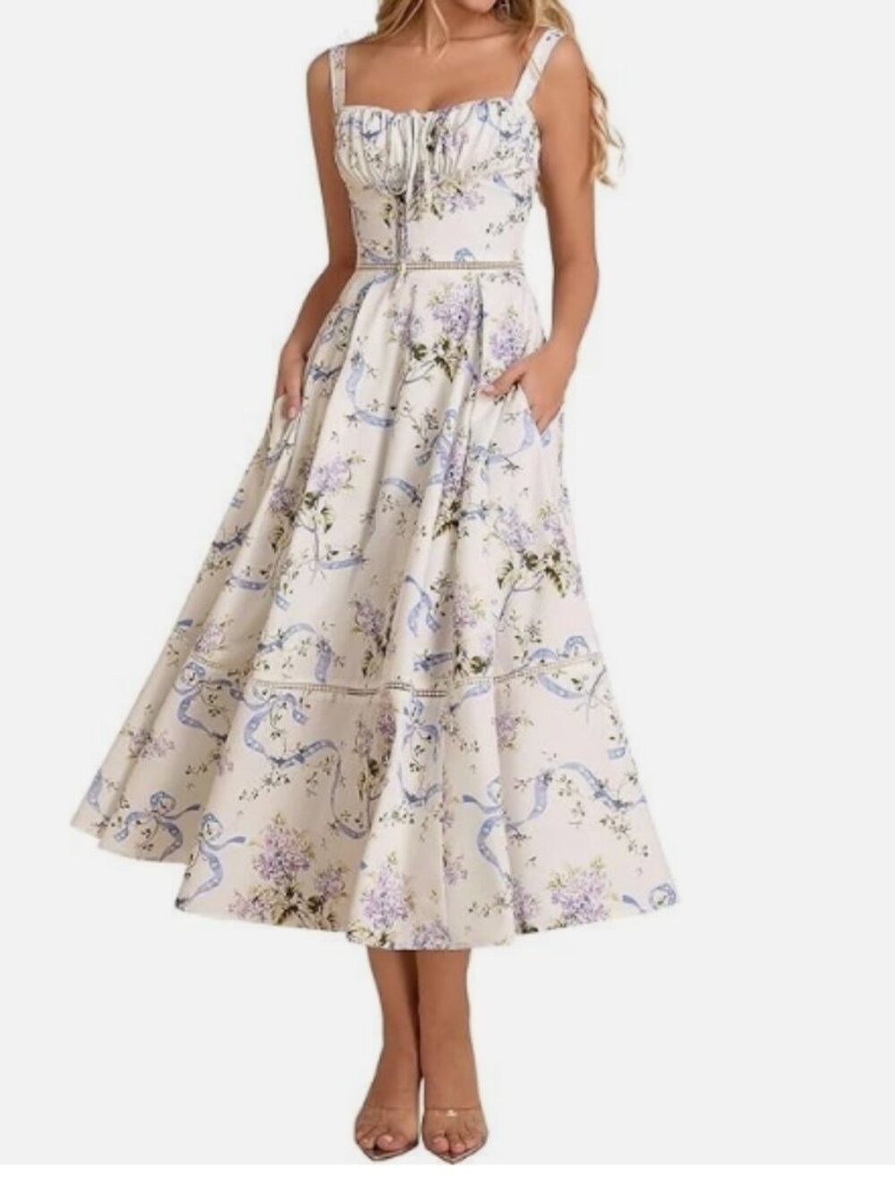KUTUMAI Women's Lace Up Floral Corset Midi Dress, White Lilac Floral, S